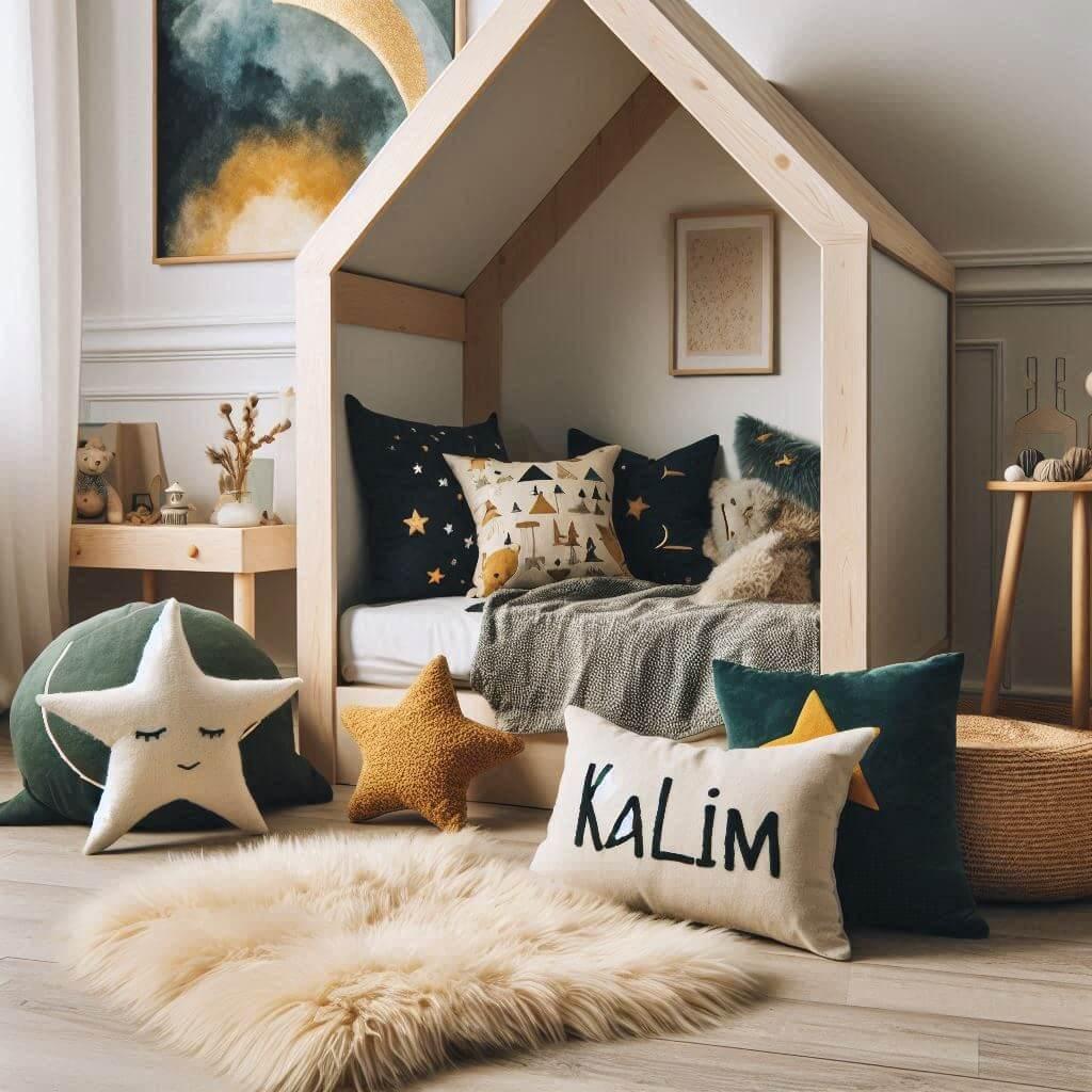 Une chambre de petite garcon qui se nomme kalim avec un lit cabane un tapis de fourrure style scandinave coussins en forme d etoiles coussins en forme de lune kalim est brode sur u
