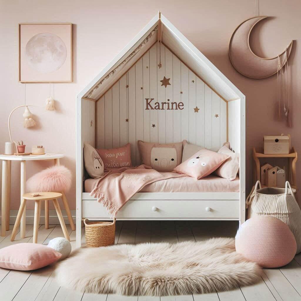 Une chambre de petite garcon qui se nomme karine avec un lit cabane un tapis de fourrure style scandinave des coussins en forme de toiles et de lunes karine est brodee sur un couss