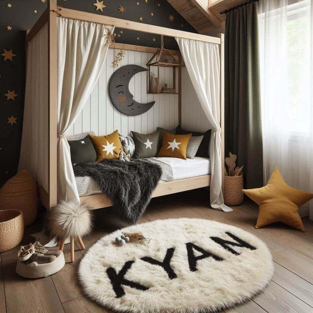 Une chambre de petite garcon qui se nomme kyan avec un lit cabane un tapis de fourrure style scandinave coussins en forme d etoiles coussins en forme de lune kyan est brode sur un