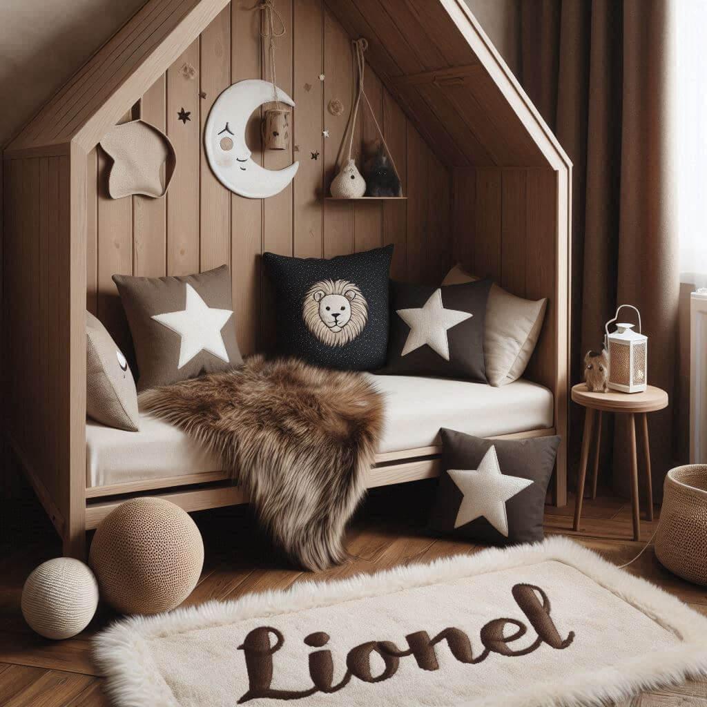 Chambre garçon Lionel lit cabane, tapis fourrure style scandinave, coussins étoiles et lune, prénom brodé Lionel, couleurs marron