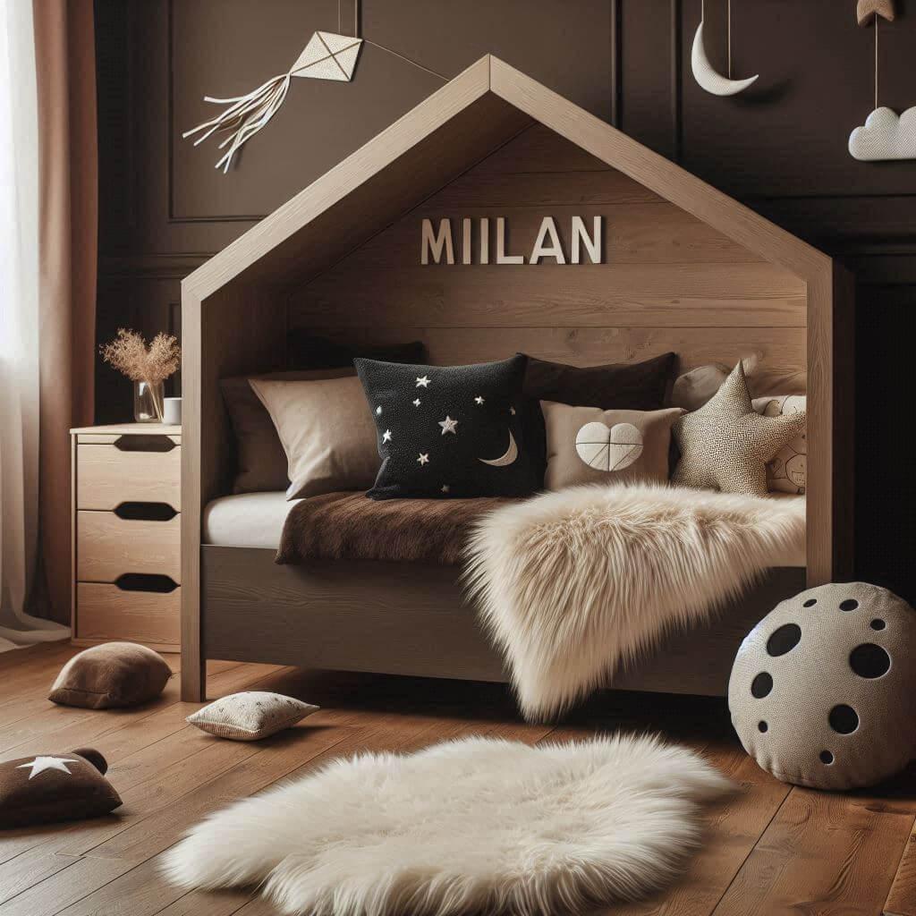 Une chambre de petite garcon qui se nomme milan avec un lit cabane un tapis de fourure style scandinave coussins en forme detoiles coussins en forme de lune milan est brode sur un