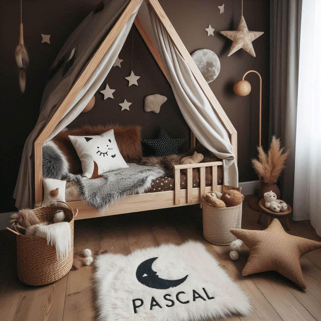 Une chambre de petite garcon qui se nomme pascal avec un lit cabane un tapis de fourrure style scandinave coussins en forme d etoiles coussins en forme de lune pascal est brode sur