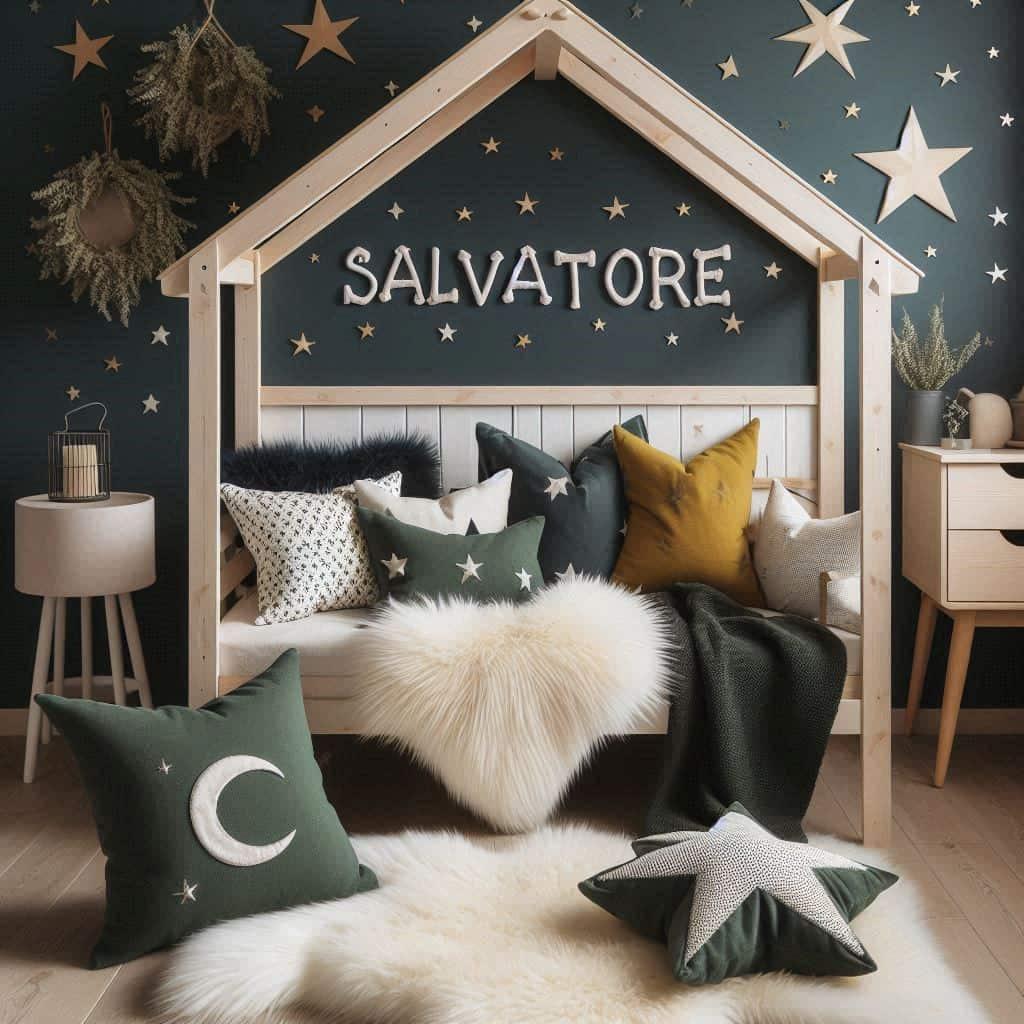 Une chambre de petite garcon qui se nomme salvatore ecrit en francais avec un lit cabane un tapis de fourrure style scandinave coussins en forme d etoiles coussins en forme de lune