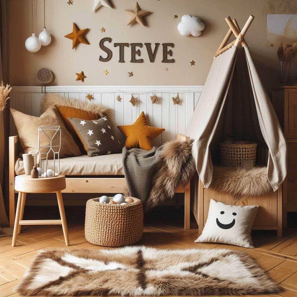 Une chambre de petite garcon qui se nomme steve avec un lit cabane un tapis de fourrure style scandinave coussins en forme d etoiles coussins en forme de lune steve est brode sur u