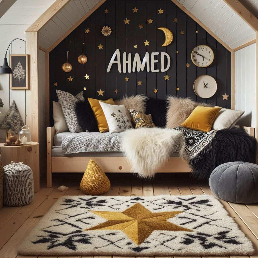 Une chambre de petite garconqui se nomme ahmed avec un lit cabane un tapis de fourrure style scandinave coussins en forme d etoiles coussins en forme de lune ahmed est brode sur un