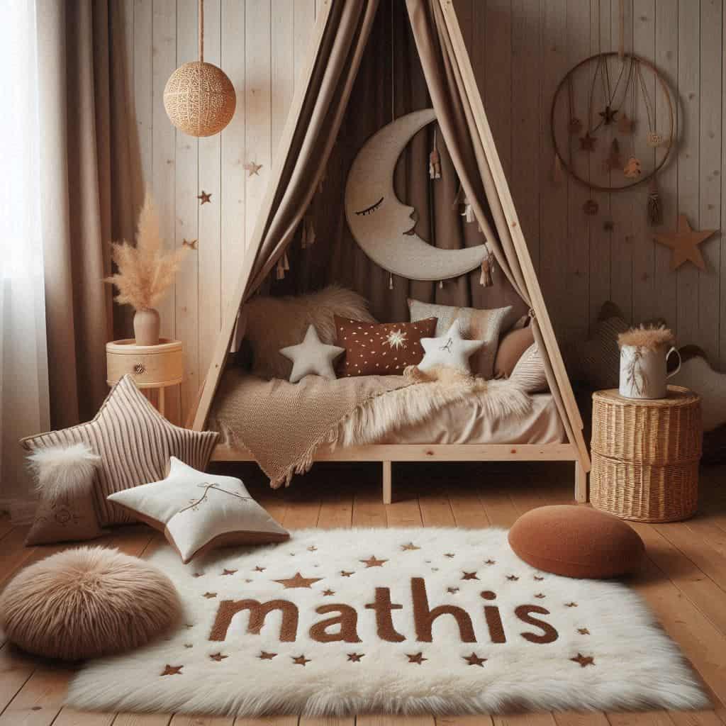 Une chambre de petite garconqui se nomme mathis avec un lit cabane un tapis de fourrure style scandinave marron beige terracota