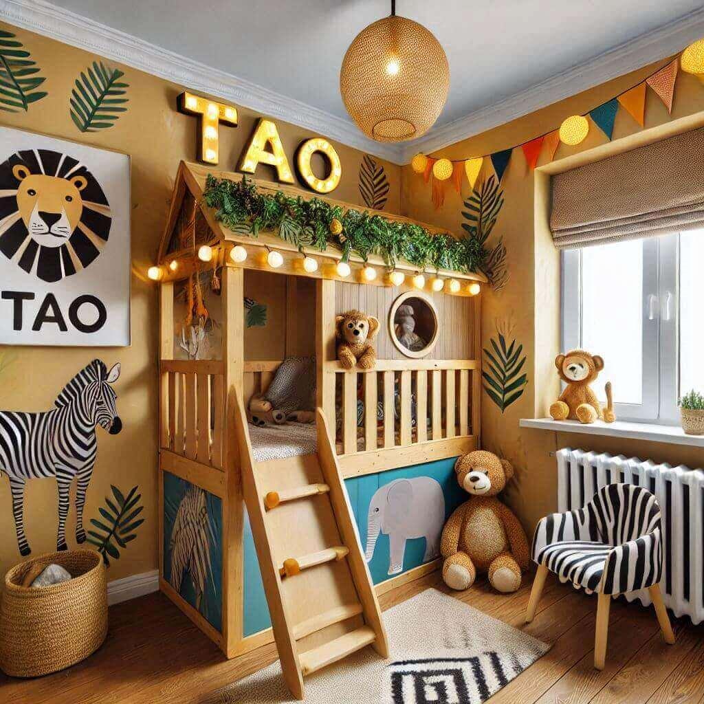 Une chambre denfant avec le prenom tao sur le theme des animaux de la savane lit cabane petite maison avec un tobogan pour jouer couleurs vives guirlande lumineuse peluches lion ze