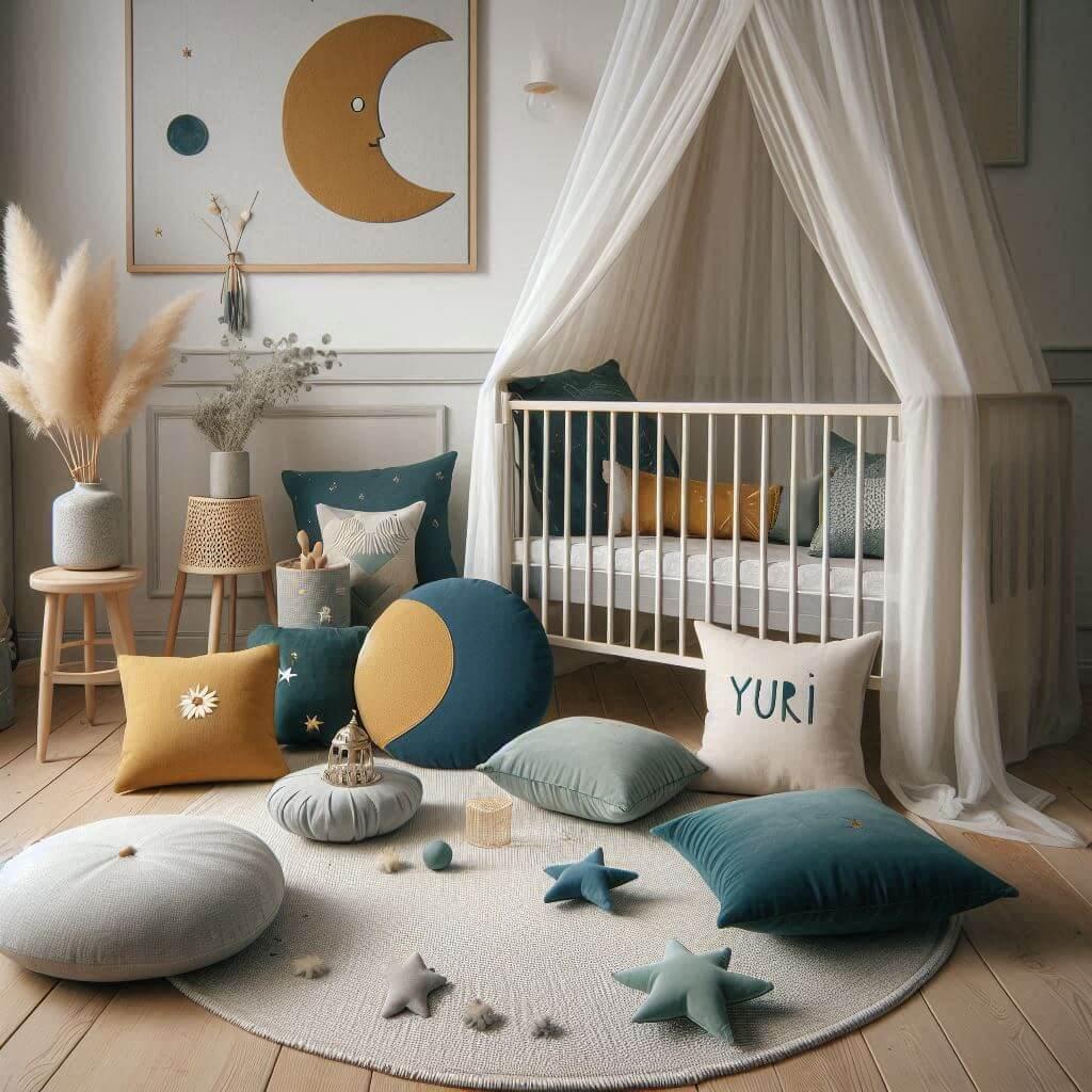 Une chambre denfant avec un berceau des coussins en forme de lune et detoiles prenom yuri