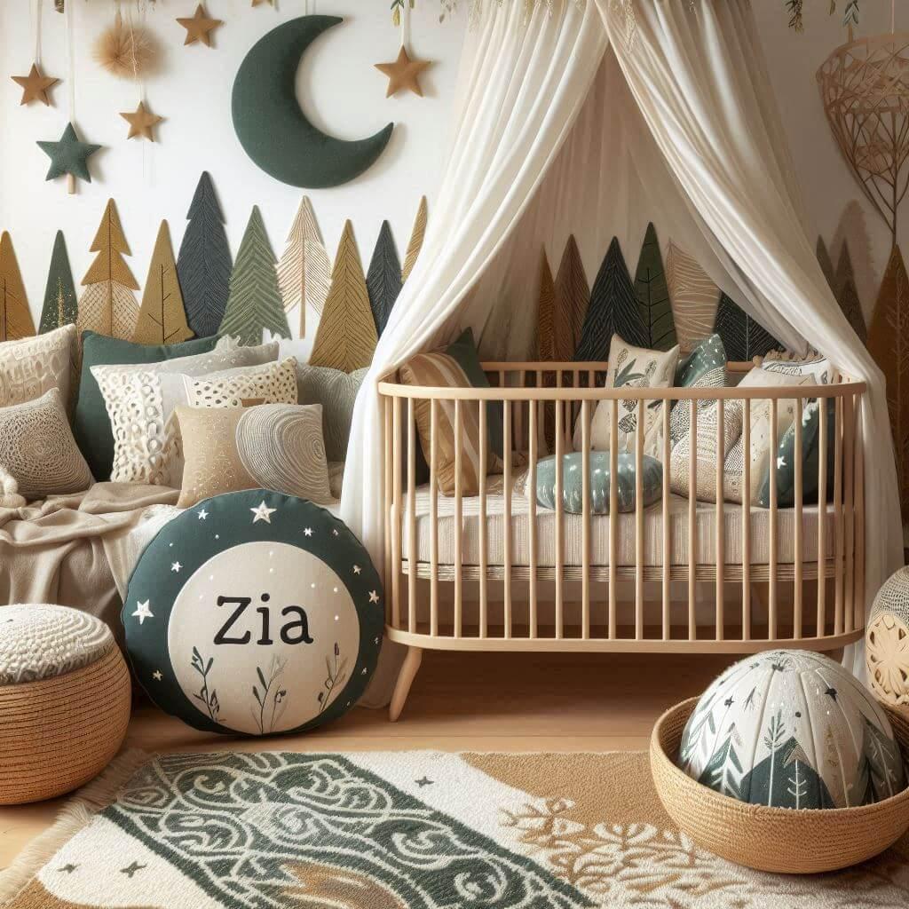 Une chambre denfant avec un berceau des coussins en forme de lune et detoiles prenom zia