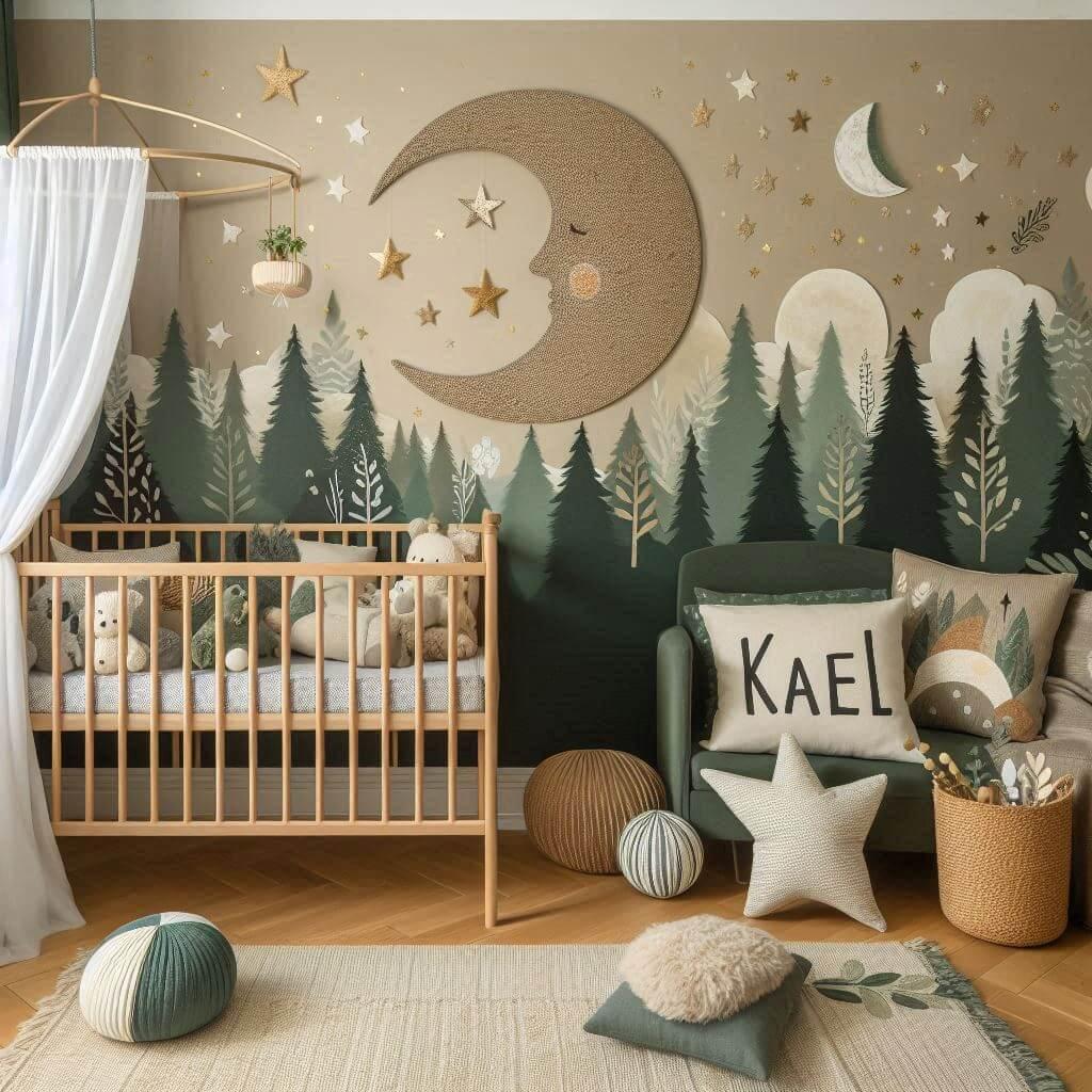 Une chambre denfant avec un berceau des coussins en forme de lune et detoiles un tapis moelleux ae theme des forets et de la nature celtique palette de couleurs vert foret brun ter