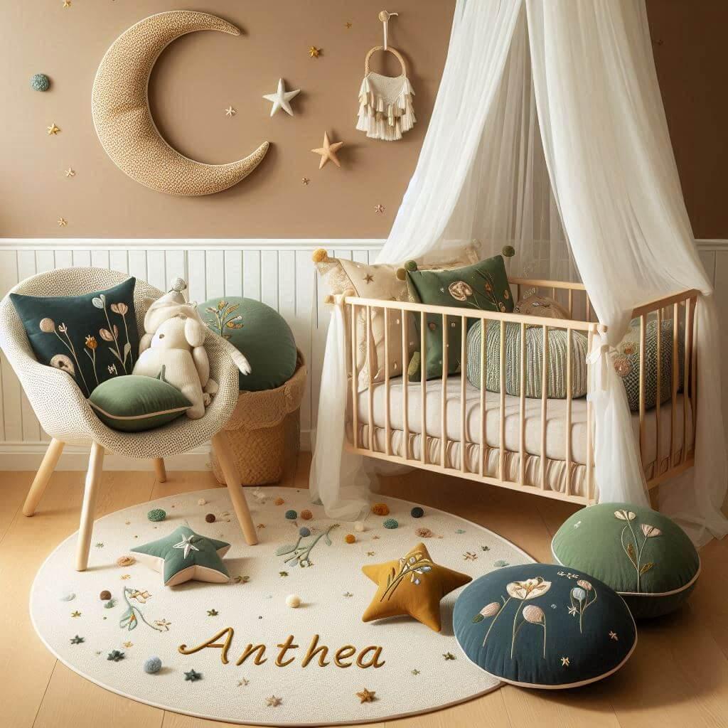 Une chambre denfant avec un berceau des coussins en forme de lune et detoiles un tapis moelleux avec des teintes douces comme le vert d'eau, prenom anthéa