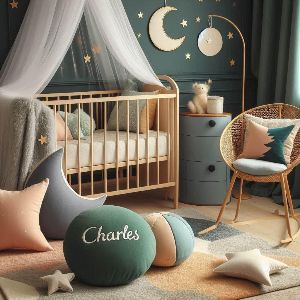 Une chambre denfant avec un berceau des coussins en forme de lune et detoiles un tapis moelleux avec des teintes douces comme le vert deau le bleu nuit et le moutarde ciel de lit b