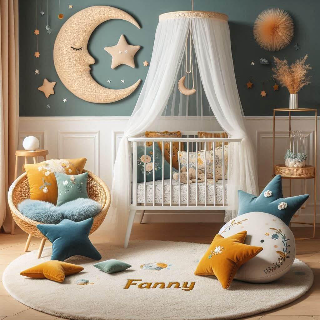 Une chambre denfant avec un berceau des coussins en forme de lune et detoiles un tapis moelleux avec des teintes douces, prenom fanny