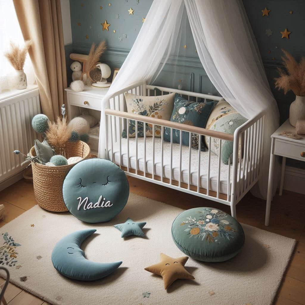 Une chambre denfant avec un berceau des coussins en forme de lune et detoiles un tapis moelleux avec des teintes douces comme le vert deau le bleu nuit et le moutarde ciel de lit b