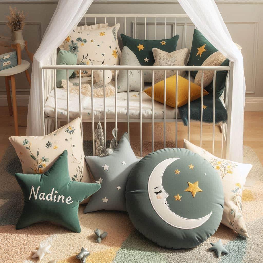 Une chambre denfant avec un berceau des coussins en forme de lune et detoiles un tapis moelleux avec des teintes douces comme le vert deau, personnalisé avec le prenom nadine