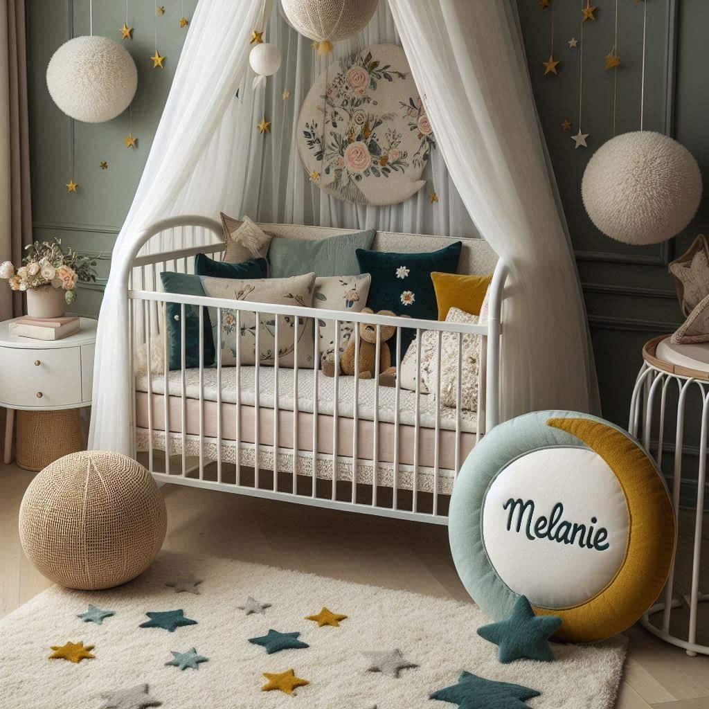 Une chambre denfant avec un berceau des coussins en forme de lune et detoiles un tapis moelleux avec des teintes douces comme le vert deau le bleu nuit et le moutarde prenom melani