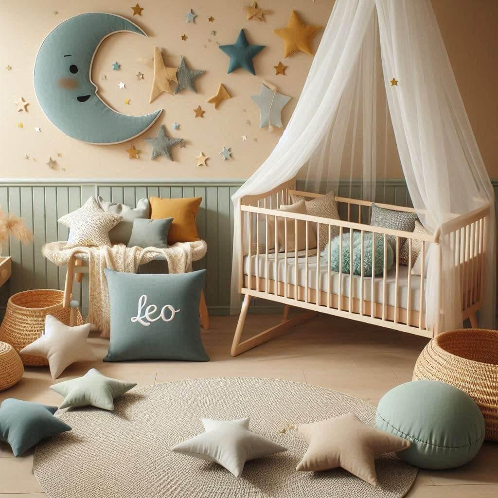 Une chambre denfant avec un berceau des coussins en forme de lune et detoiles un tapis moelleux avec des teintes douces comme le vert deau, prénom léo