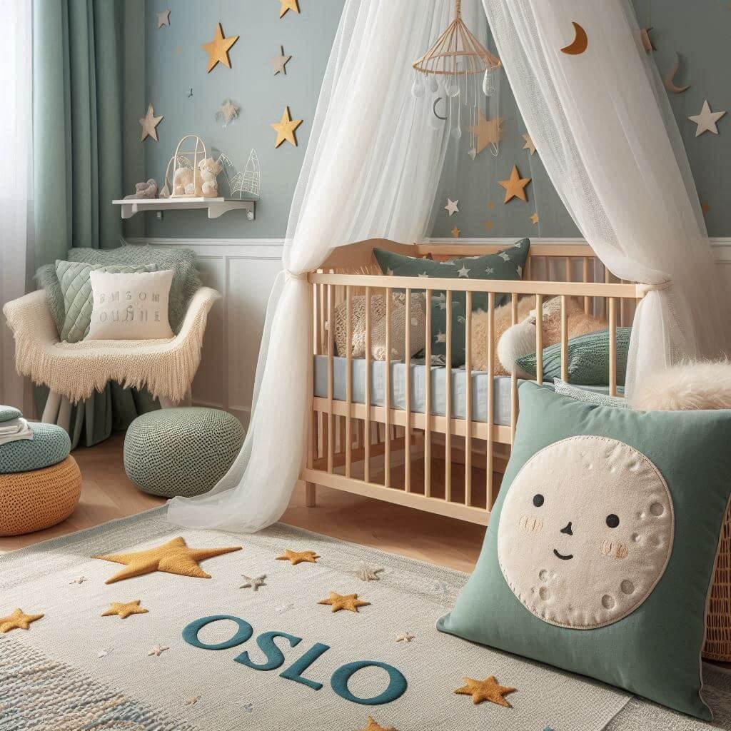 Une chambre denfant avec un berceau des coussins en forme de lune et detoiles un tapis moelleux avec des teintes douces comme le vert deau le bleu pale et le moutarde ciel de lit b