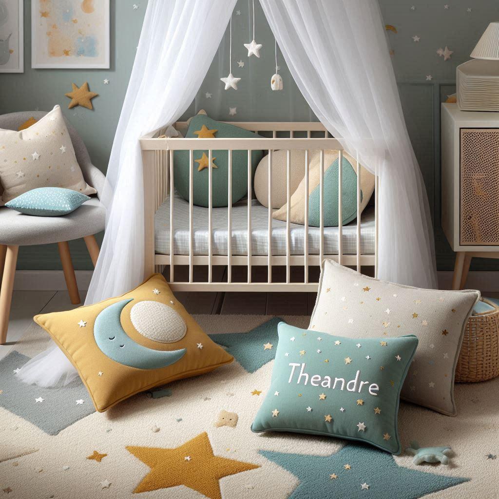 Une chambre denfant avec un berceau des coussins en forme de lune et detoiles un tapis moelleux avec des teintes douces comme le vert d'eau, prenom Théandre