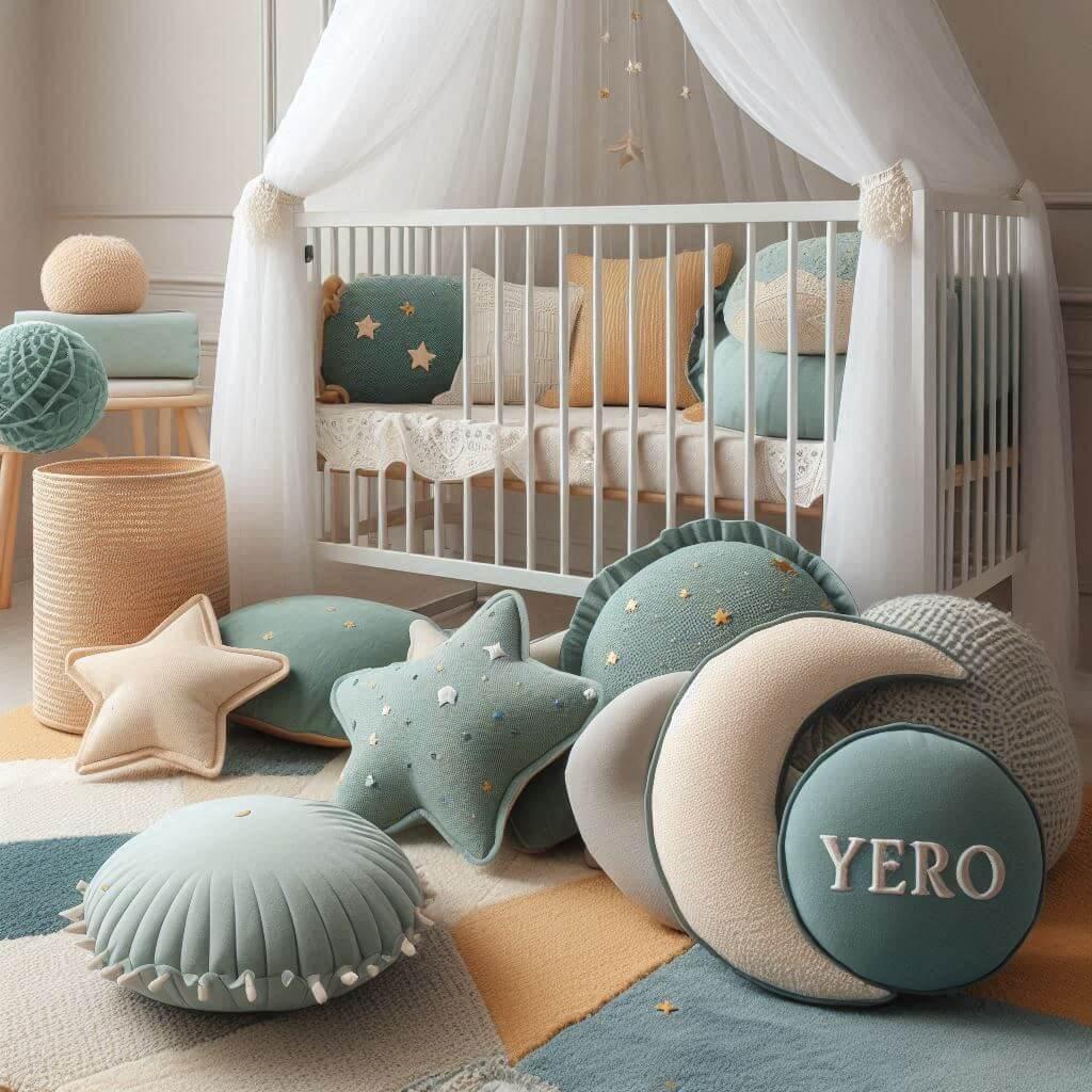 Une chambre denfant avec un berceau des coussins en forme de lune et detoiles un tapis moelleux avec des teintes douces comme le vert d'eau, prenom yero