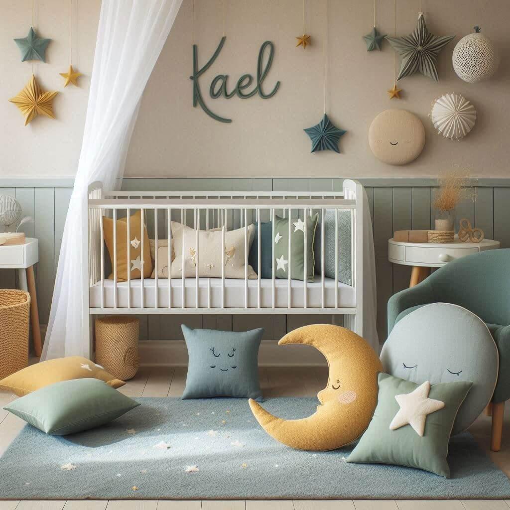 Une chambre denfant avec un berceau des coussins en forme de lune et detoiles un tapis moelleux avec des teintes douces comme le vert deau prenom kael