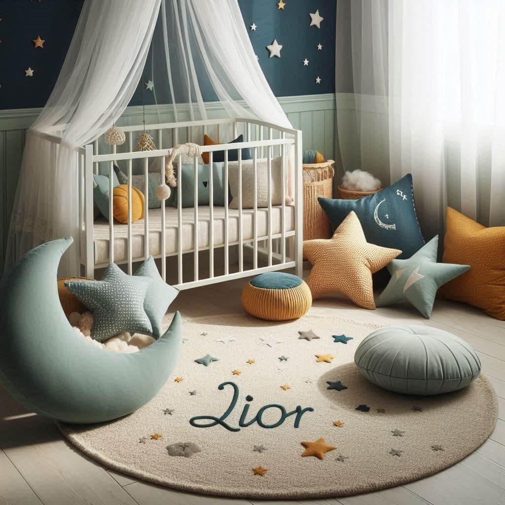 Une chambre denfant avec un berceau des coussins en forme de lune et detoiles un tapis moelleux avec des teintes douces comme le vert deau prenom lior