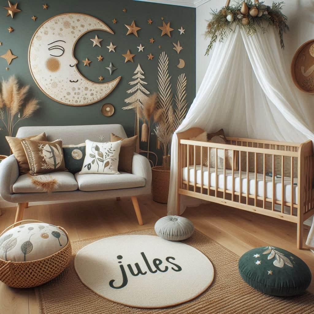 Une chambre denfant avec un berceau des coussins en forme de lune et detoiles un tapis moelleux prenom jules