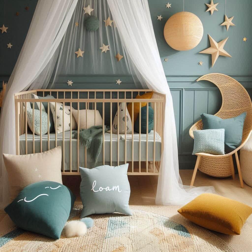 Une chambre denfant avec un berceau des coussins en forme de lune et detoiles un tapis moelleux prenom loam