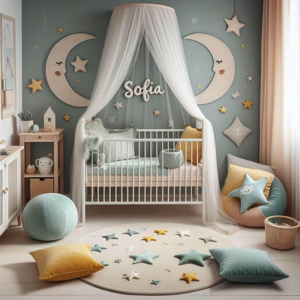 Une chambre denfant avec un berceau des coussins en forme de lune et detoiles un tapis moelleux prenom sofia