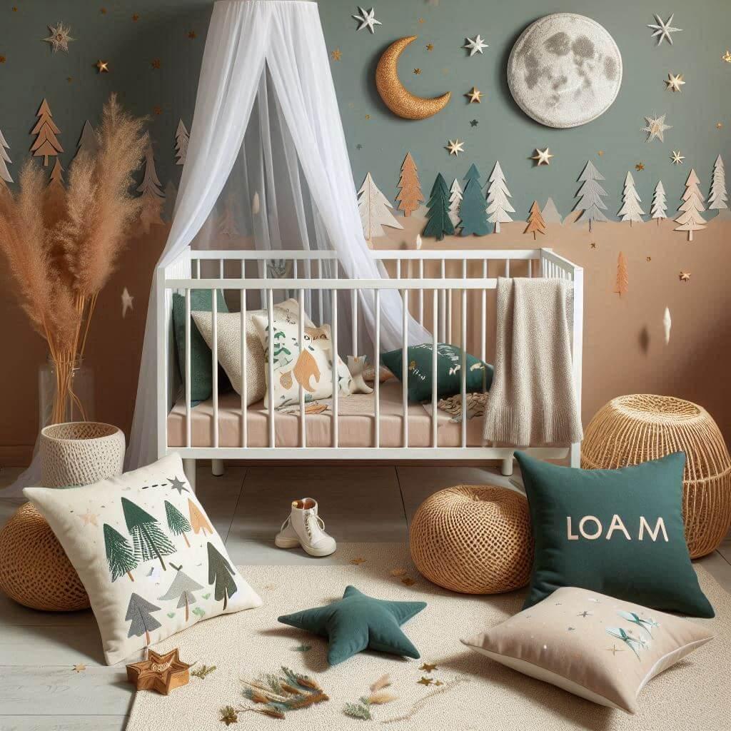 Une chambre denfant avec un berceau des coussins en forme de lune et detoiles un tapis moelleux theme des forets et de la nature celtique palette de couleurs prenom loam
