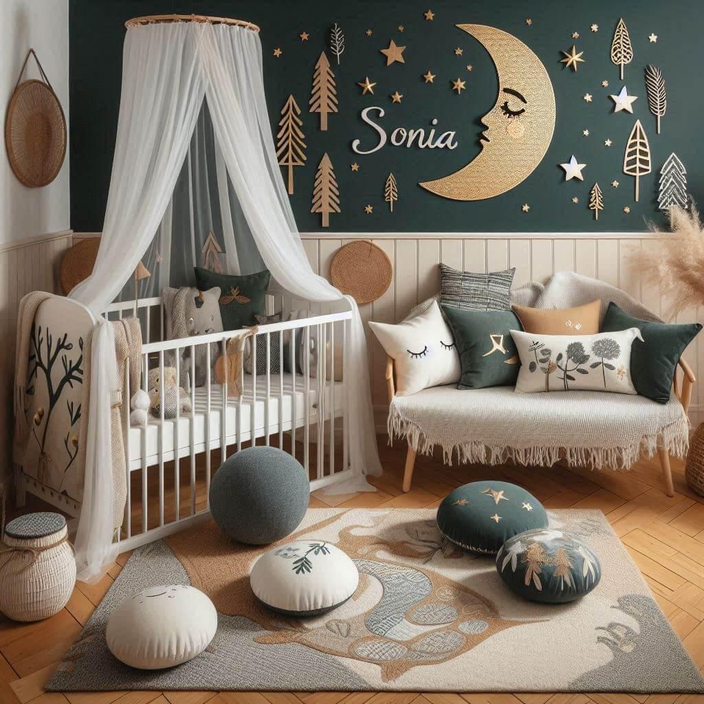 Une chambre denfant avec un berceau des coussins en forme de lune et detoiles un tapis moelleux theme des forets et de la nature celtique palette de couleurs vert foret brun terre