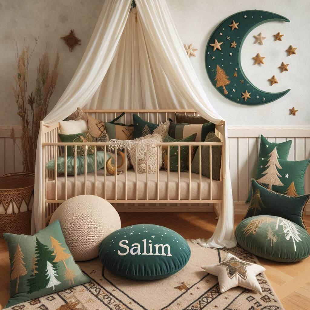 Une chambre denfant avec un berceau theme des forets et de la nature celtique palette de couleurs vert foret brun terre beige bleu ciel prenom salim