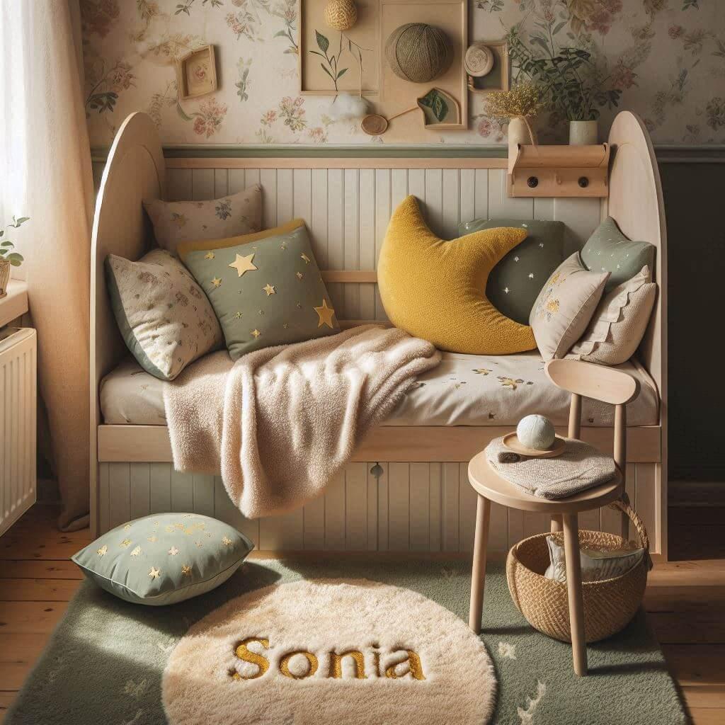 Une chambre denfant avec un lit cabane avec des draps des coussins en forme de lune et detoiles un tapis moelleux avec des teintes douces comme le vert deau le bleu pale et le mout