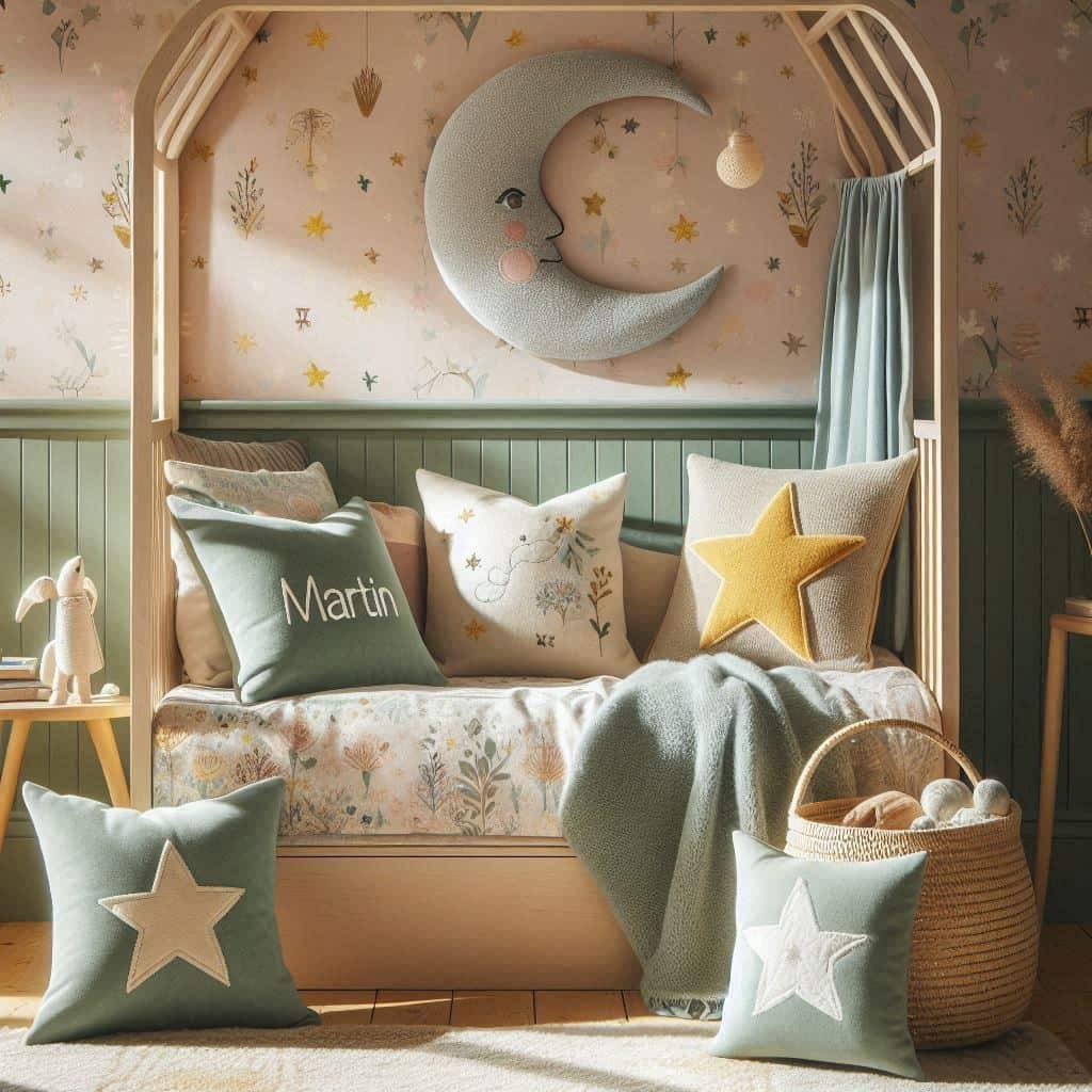 Une chambre denfant avec un lit cabane avec des teintes douces comme le vert deau le bleu pale et le moutarde et le prenom martin
