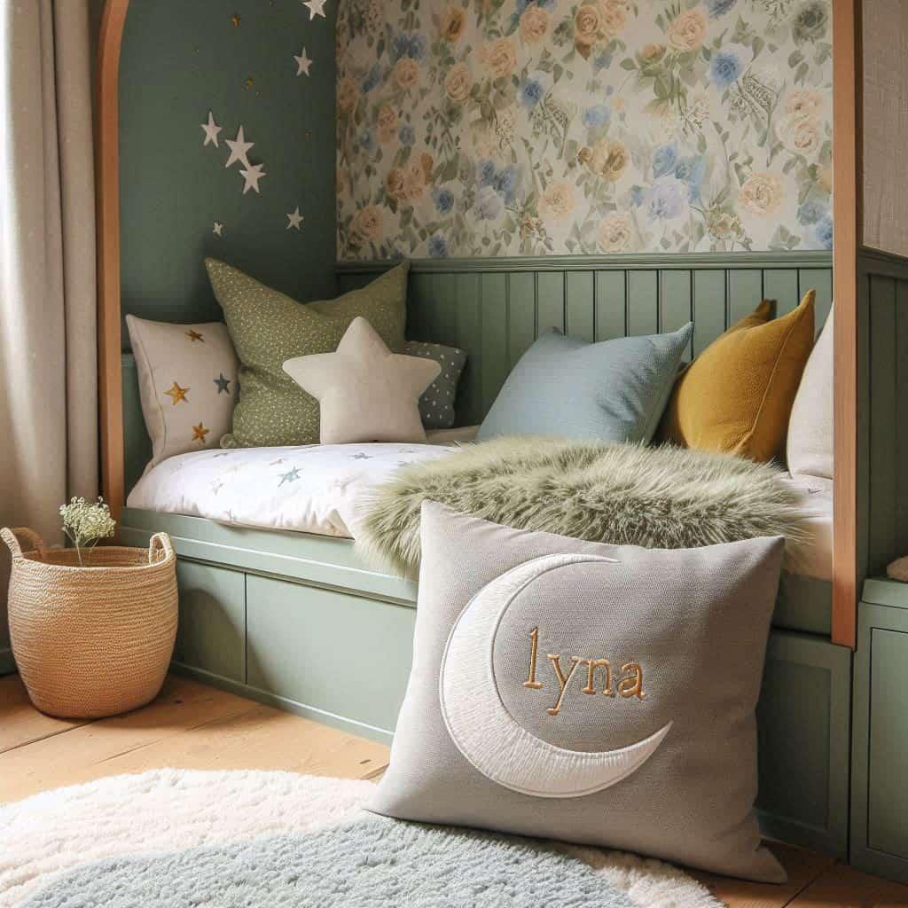 Une chambre denfant avec un lit cabane deco cocooning teintes douces comme le vert d eau le bleu pale et le moutarde et le prenom lyna ecrit brode sur un coussin