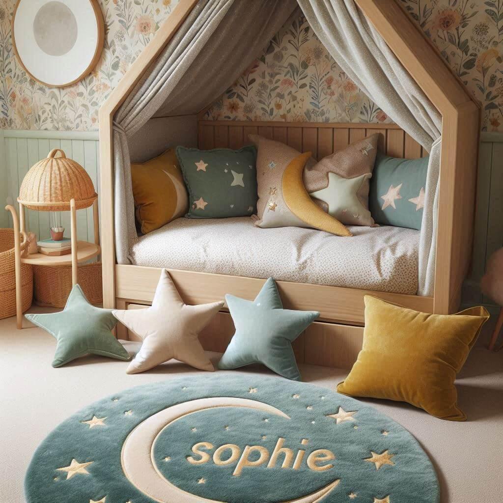 Une chambre denfant avec un lit cabane des coussins en forme de lune et d etoiles un tapis moelleux avec des teintes douces comme le vert d eau le bleu pale et le moutarde et le pr