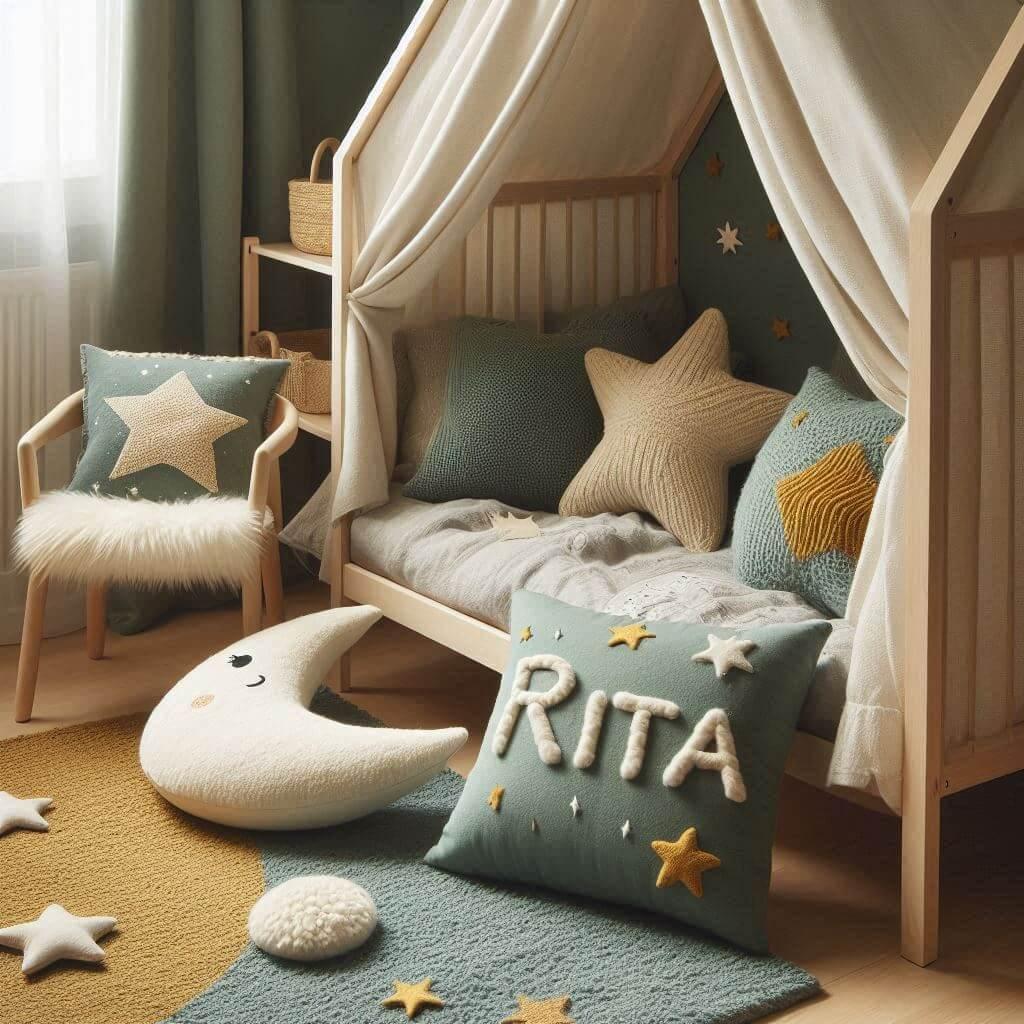 Une chambre denfant avec un lit cabane des coussins en forme de lune et d etoiles un tapis moelleux avec des teintes douces comme le vert deau le bleu pale et le moutarde et le pre