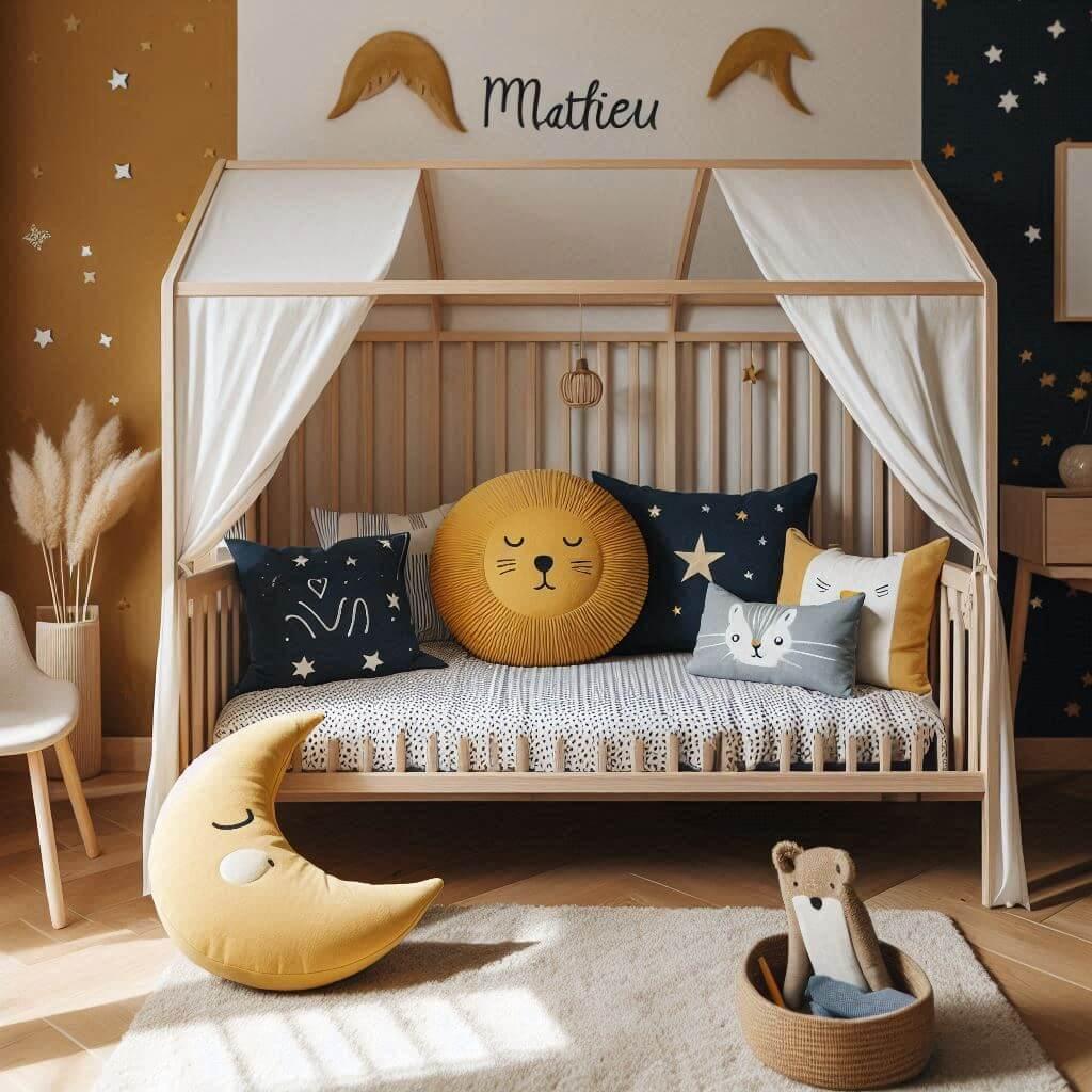 Une chambre denfant avec un lit cabane des coussins en forme de lune et detoiles un tapis moelleux avec des teintes comme le bleu marin et le moutarde et le prenom mathieu