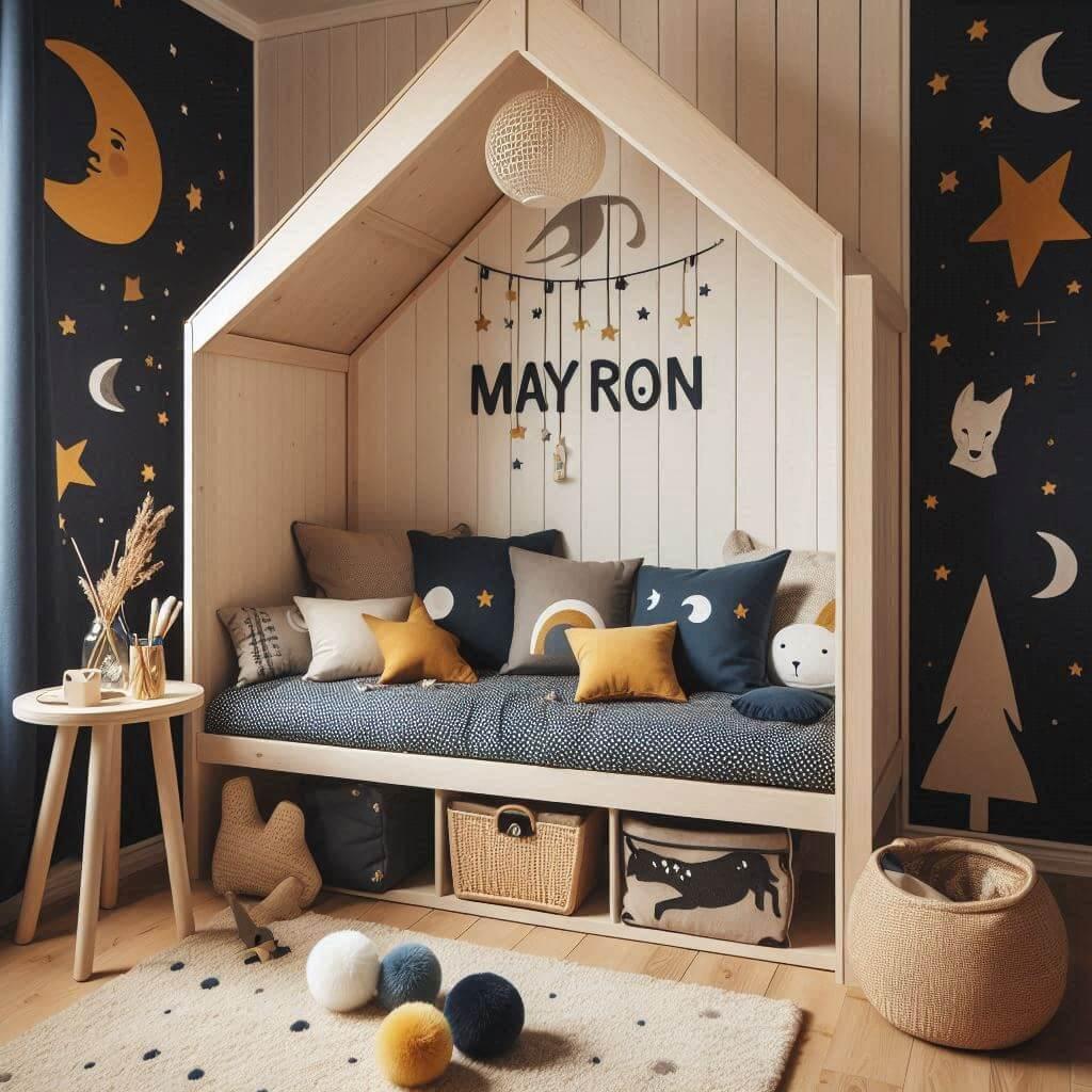 Chambre enfant Mayron lit cabane avec coussins lune et étoiles