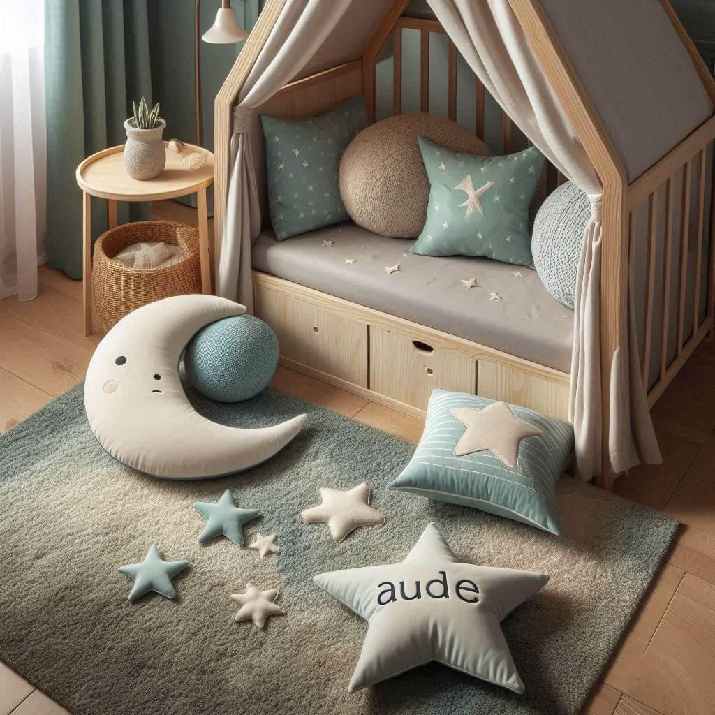 Une chambre denfant avec un lit cabane des coussins en forme de lune et detoiles un tapis moelleux avec des teintes douces comme le vert deau le bleu pale et le marron et le prenom