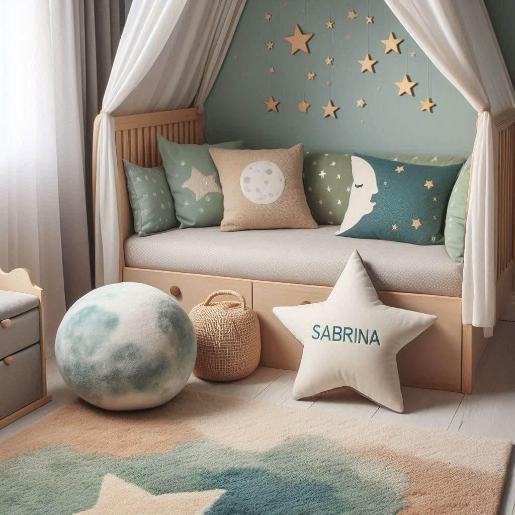 Une chambre denfant avec un lit cabane des coussins en forme de lune et detoiles un tapis moelleux avec des teintes douces comme le vert deau le bleu pale et le marron et le prenom