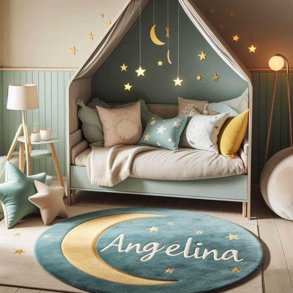 Une chambre denfant avec un lit cabane des coussins en forme de lune et detoiles un tapis moelleux avec des teintes douces comme le vert deau le bleu pale et le moutarde et le pren