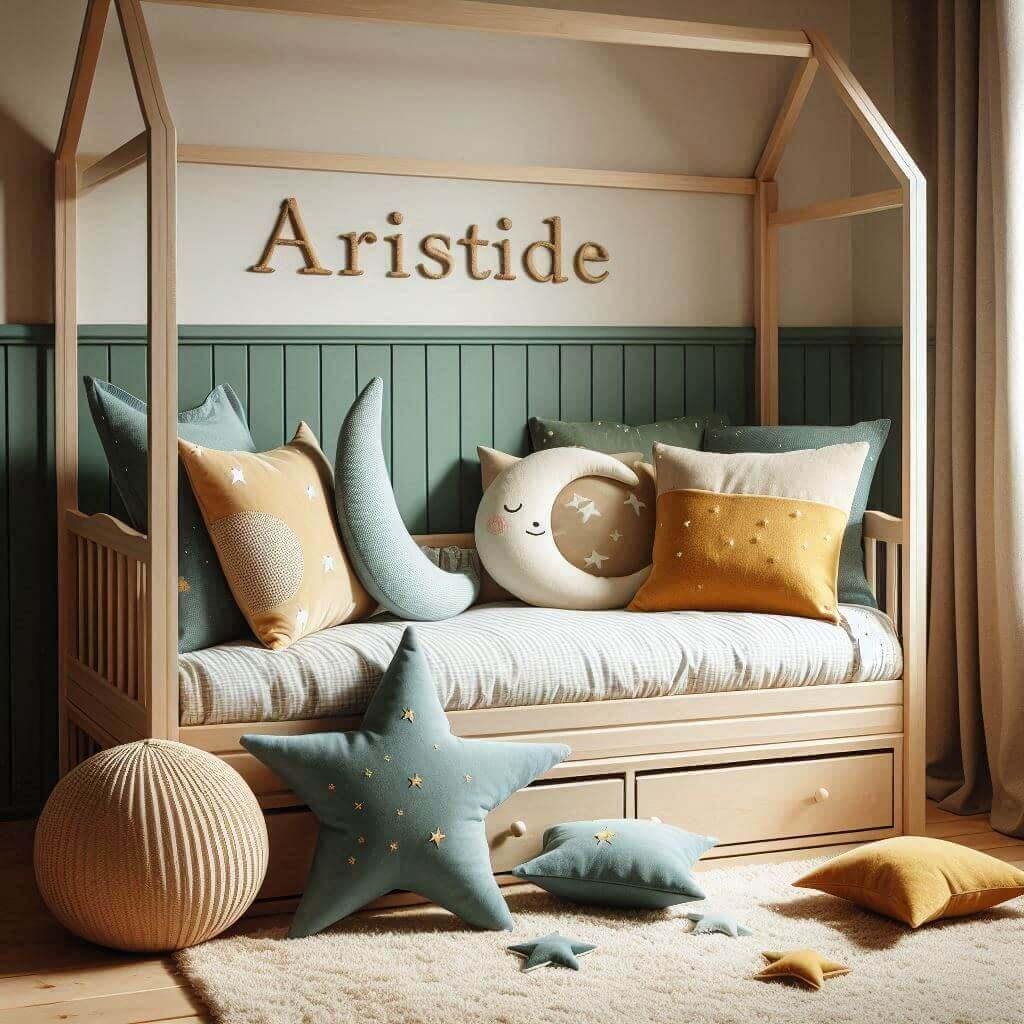 Une chambre denfant avec le prenom aristide, un lit cabane des coussins en forme de lune et detoiles avec des teintes douces comme le vert deau le bleu pale et le moutarde