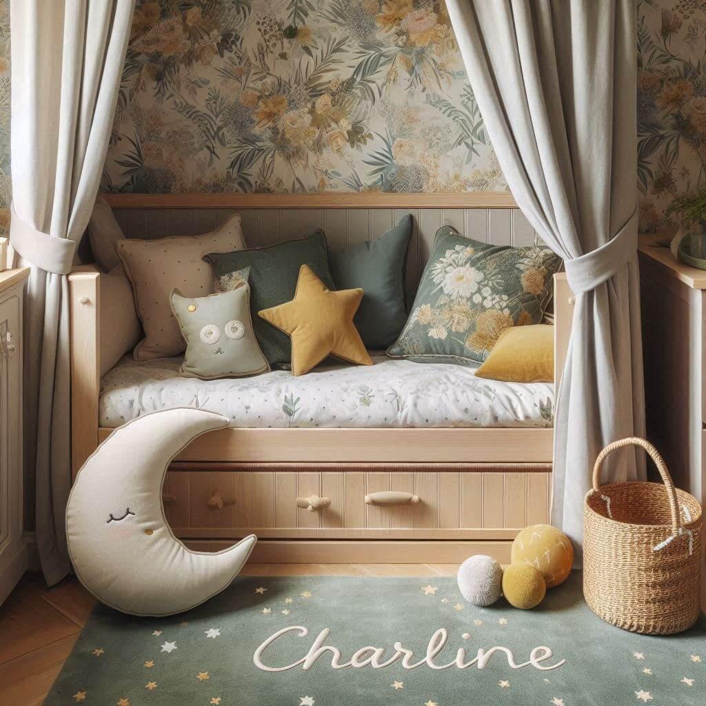 Une chambre denfant avec un lit cabane des coussins en forme de lune et detoiles un tapis moelleux avec des teintes douces comme le vert deau le bleu pale et le moutarde et le pren