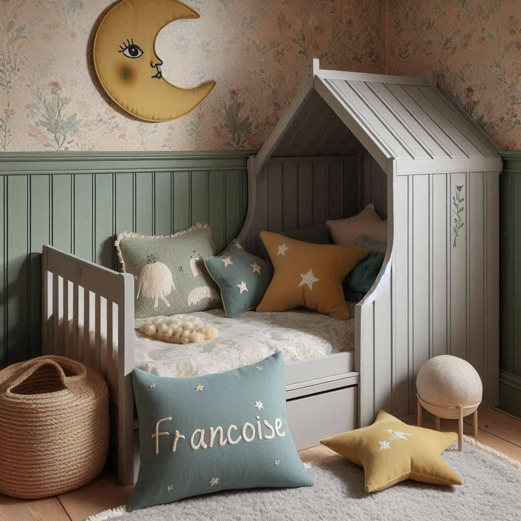 Une chambre denfant avec un lit cabane des coussins en forme de lune et detoiles un tapis moelleux avec des teintes douces comme le vert deau le bleu pale et le moutarde et le pren
