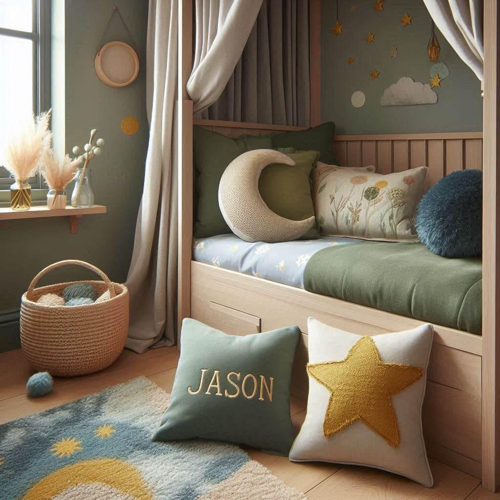Une chambre denfant avec un lit cabane des coussins en forme de lune et detoiles un tapis moelleux avec des teintes douces comme le vert deau le bleu pale et le moutarde et le pren