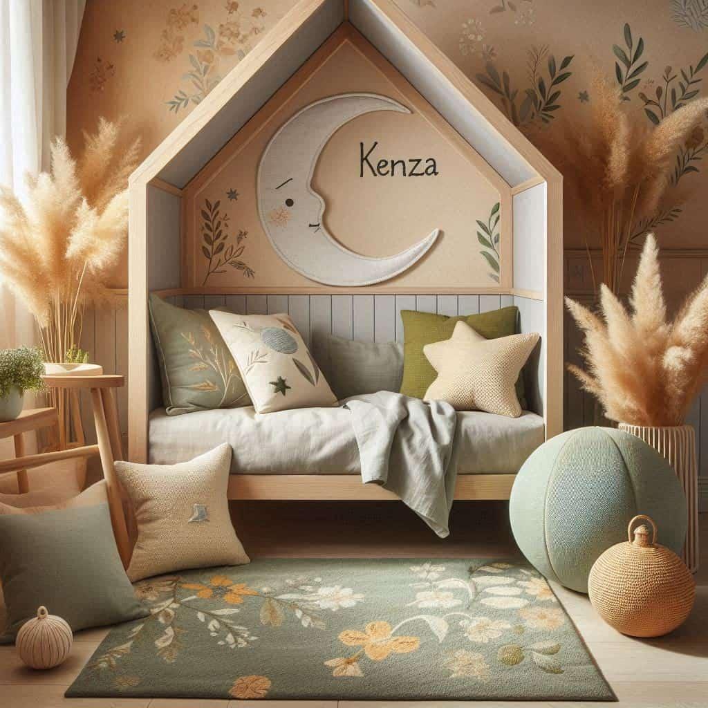 Une chambre denfant avec un lit cabane des coussins en forme de lune et detoiles un tapis moelleux avec des teintes douces comme le vert deau le bleu pale et le moutarde et le pren