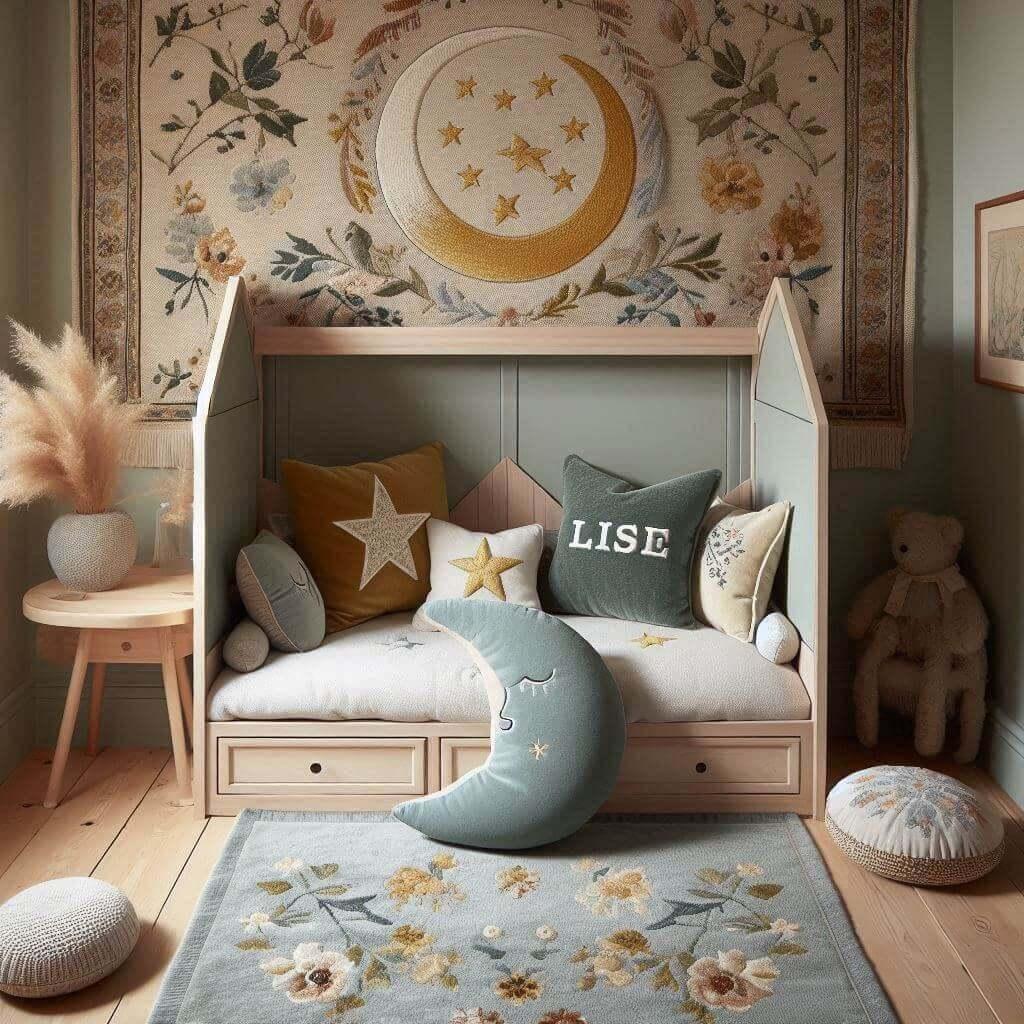 Une chambre denfant avec un lit cabane des coussins en forme de lune et detoiles un tapis moelleux avec des teintes douces comme le vert deau le bleu pale et le moutarde et le pren