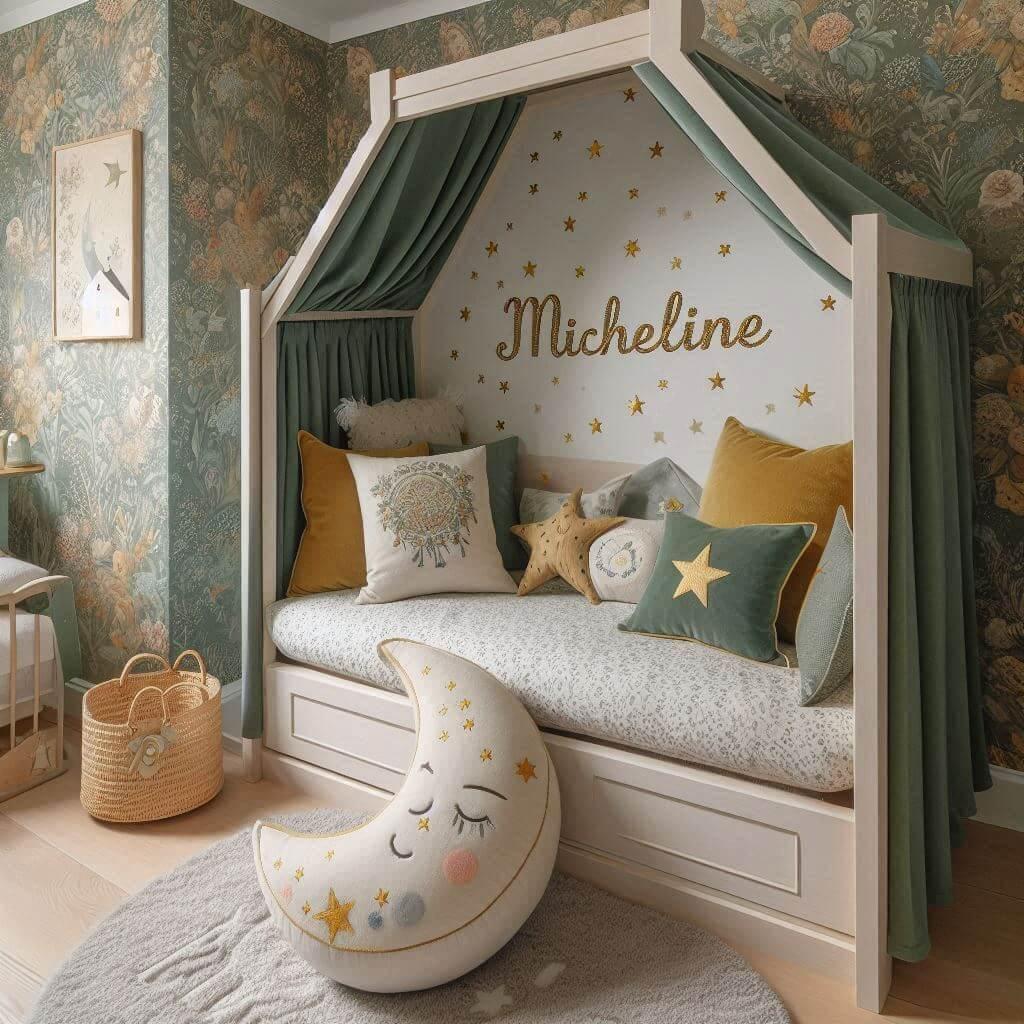 Une chambre denfant avec un lit cabane des coussins en forme de lune et detoiles un tapis moelleux avec des teintes douces comme le vert deau le bleu pale et le moutarde et le pren