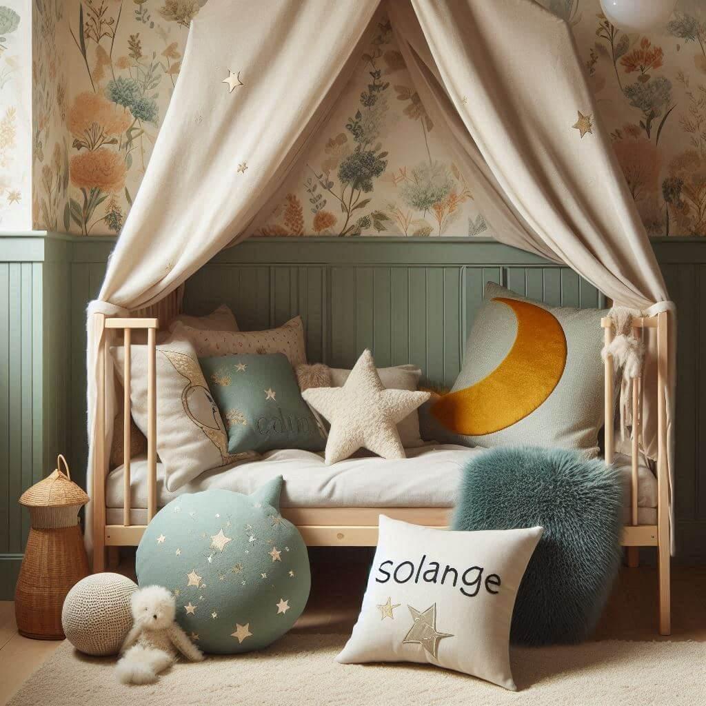 Une chambre denfant avec un lit cabane des coussins en forme de lune et detoiles un tapis moelleux avec des teintes douces comme le vert deau le bleu pale et le moutarde et le pren